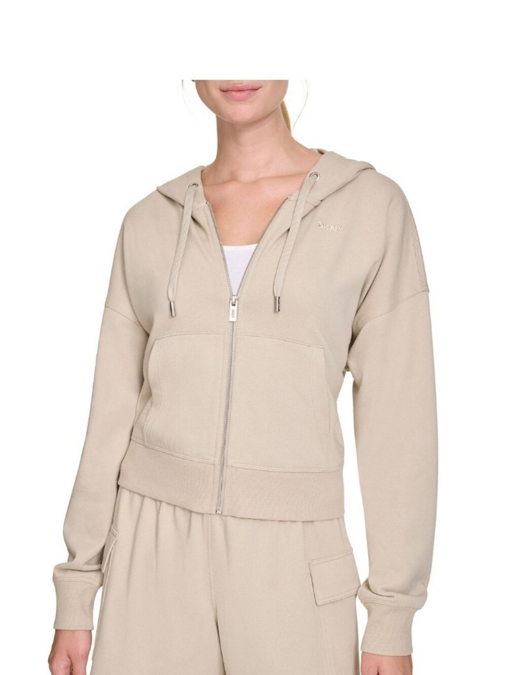DKNY Taupe Zip Hoodie with Drawstring